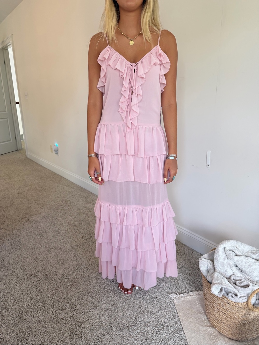 Torn by Ronny Kobo Blush Pink Ruffle Tiered Maxi Dress